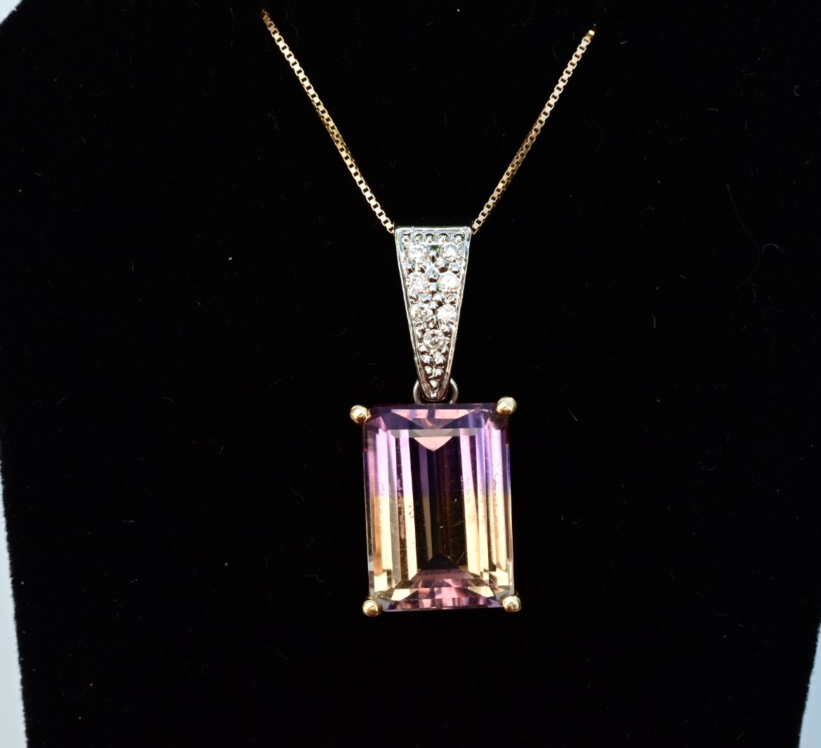 Matching 14K Jewelry Set Striking Emerald-cut Bi-Colored Ametrine & Diamonds1