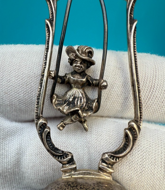 Unique  Antique West German Sterling Silver Bell w/ Woman on Swing 1