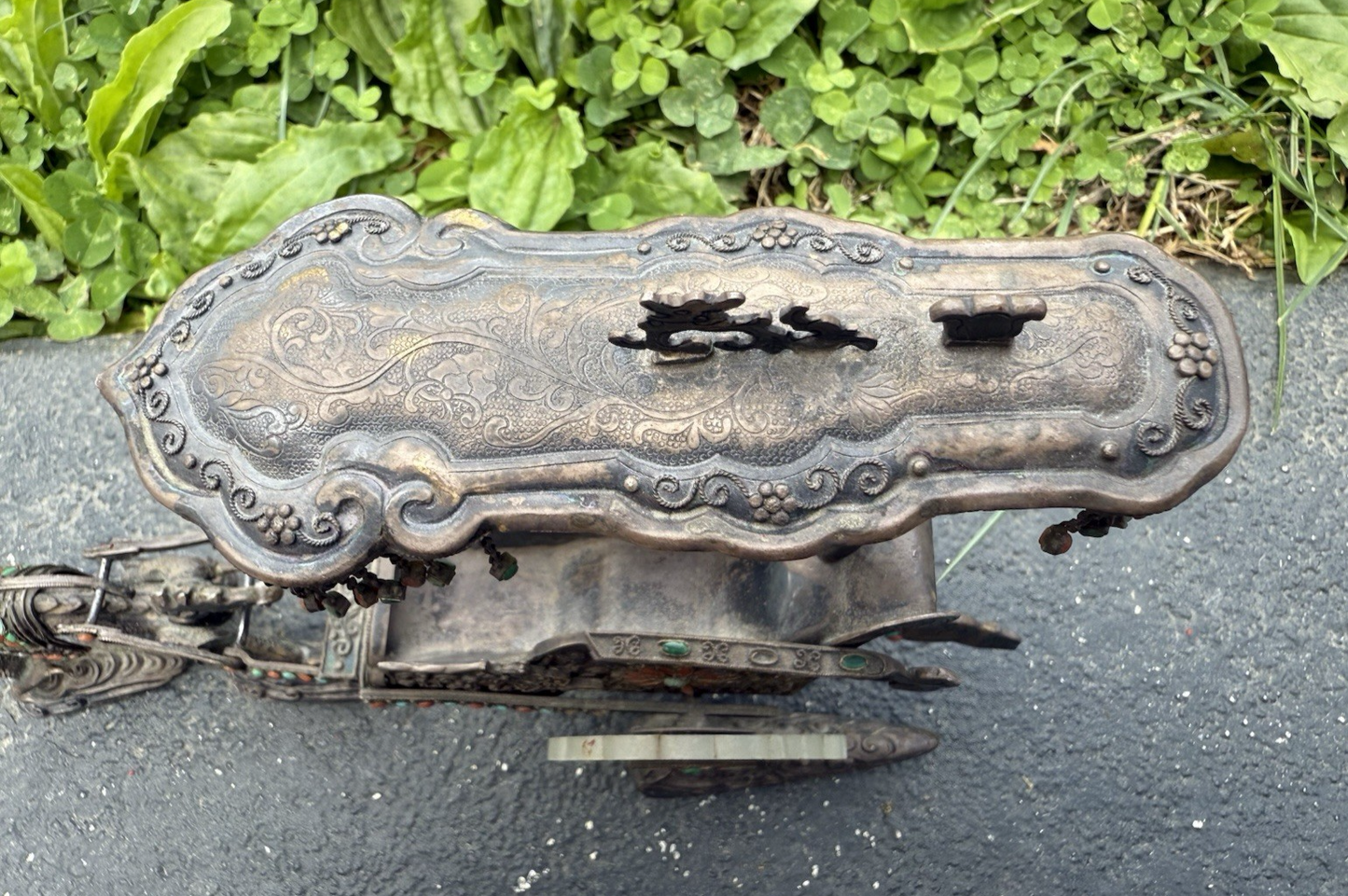 Antique Chinese Silver Sculpture of Dragon-Drawn Celestial Carriage Jade Wheels3