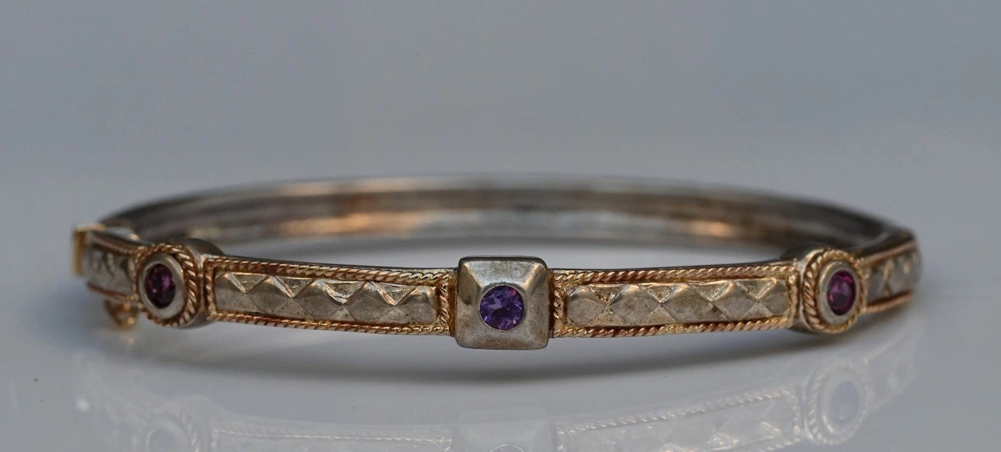 Elegant Hinged Bangle Textured Design & Amethyst Accent Stones 14k 925 Sterling0