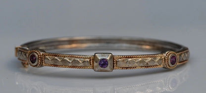 Elegant Hinged Bangle Textured Design & Amethyst Accent Stones 14k 925 Sterling0