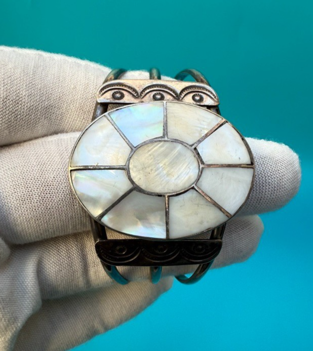 Zuni Native American Sterling Silver Cuff Bracelet w/ Mother of Pearl Inlay3