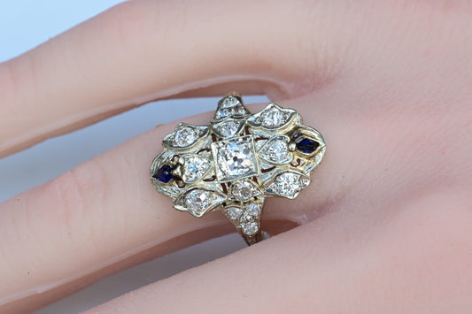 Amazing Antique Art Deco Period 18K White Gold Filigree Ring Diamonds & Sapphire0