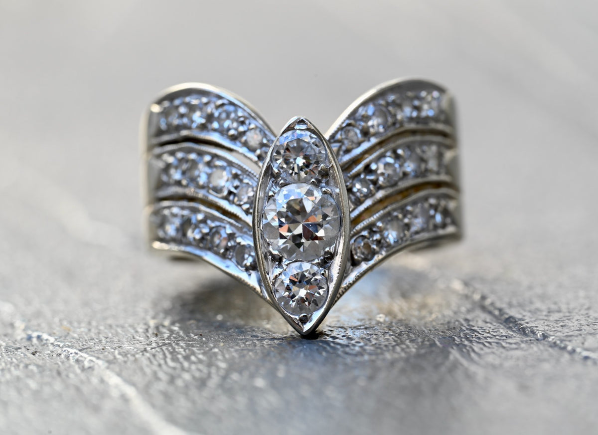 14K Retro Early Vintage Art Deco Style 3 Band Chevron Diamond Ring IGI Certified2