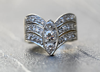 14K Retro Early Vintage Art Deco Style 3 Band Chevron Diamond Ring IGI Certified2