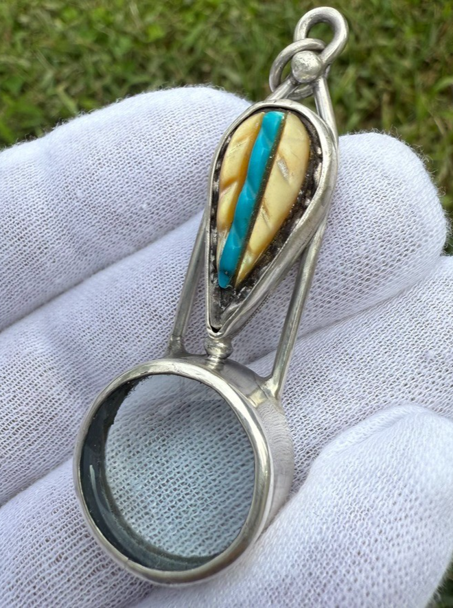 Signed MS Sterling Silver Southwest Jewelers Loupe Mother of Pearl & Turquoise1