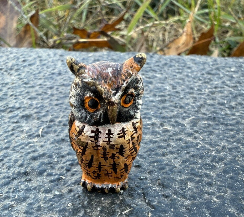Gorgeous Antique Austrian Vienna Cold Painted Bronze Figure of Orange Owl2