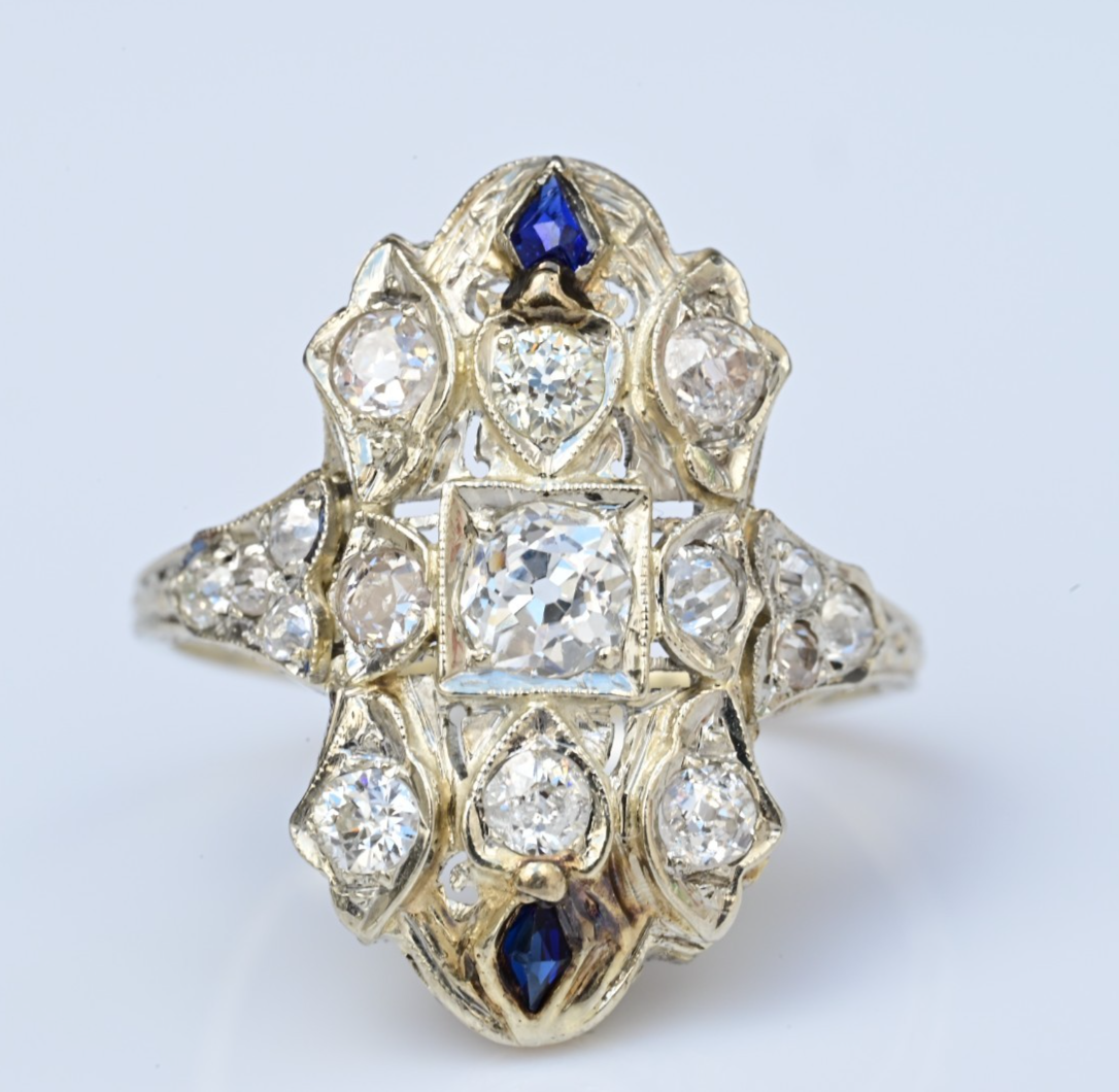 Amazing Antique Art Deco Period 18K White Gold Filigree Ring Diamonds & Sapphire4