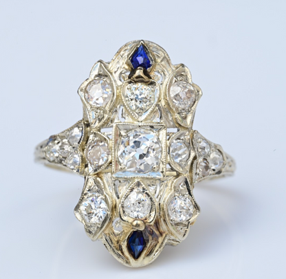 Amazing Antique Art Deco Period 18K White Gold Filigree Ring Diamonds & Sapphire4