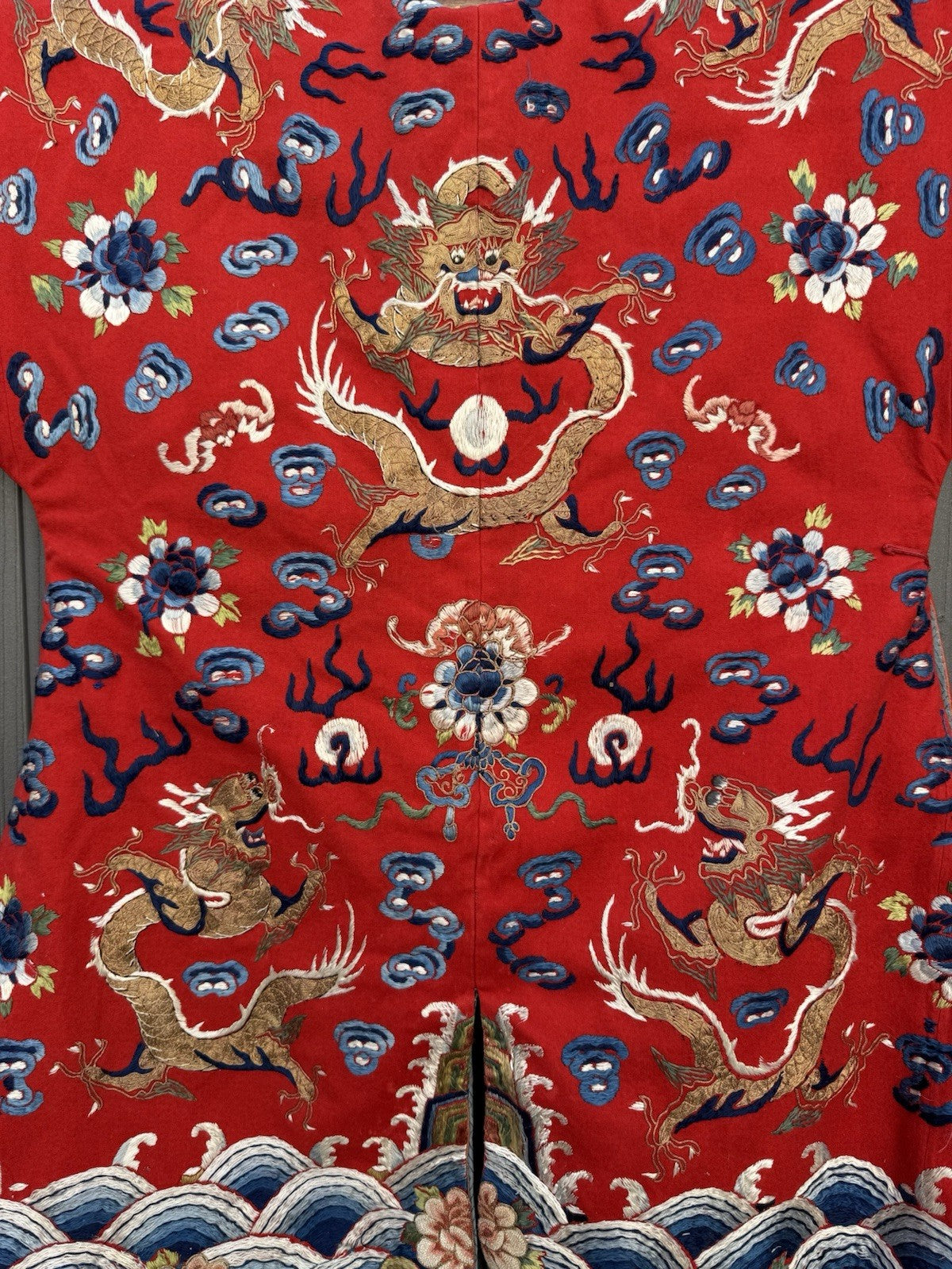 Antique Qing Dynasty Chinese Silk Embroidery Red Dragon Winter Robe11