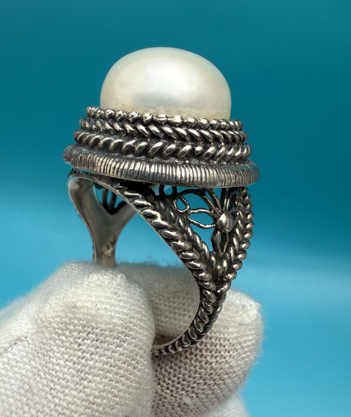 Stunning Mabe Pearl & Sterling Silver .925 Ring Marked BJ, China8