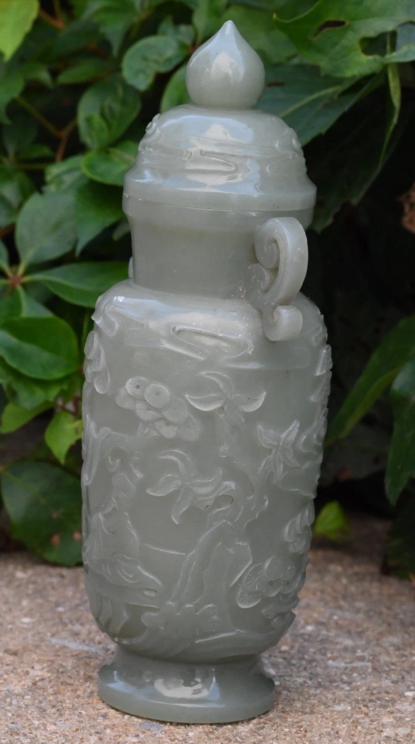 Beautiful Mid-20th C. Chinese Light Green Jade Lidded Vase With Carved People4