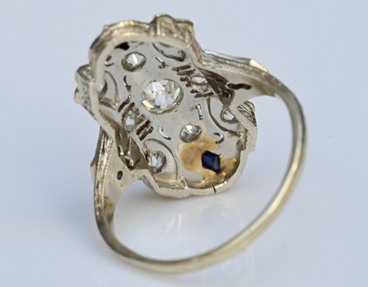 Amazing Antique Art Deco Period 18K White Gold Filigree Ring Diamonds & Sapphire5