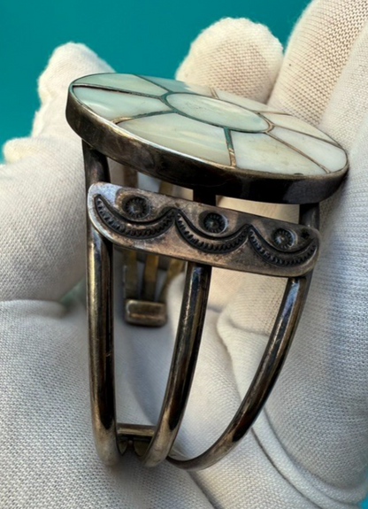 Zuni Native American Sterling Silver Cuff Bracelet w/ Mother of Pearl Inlay4
