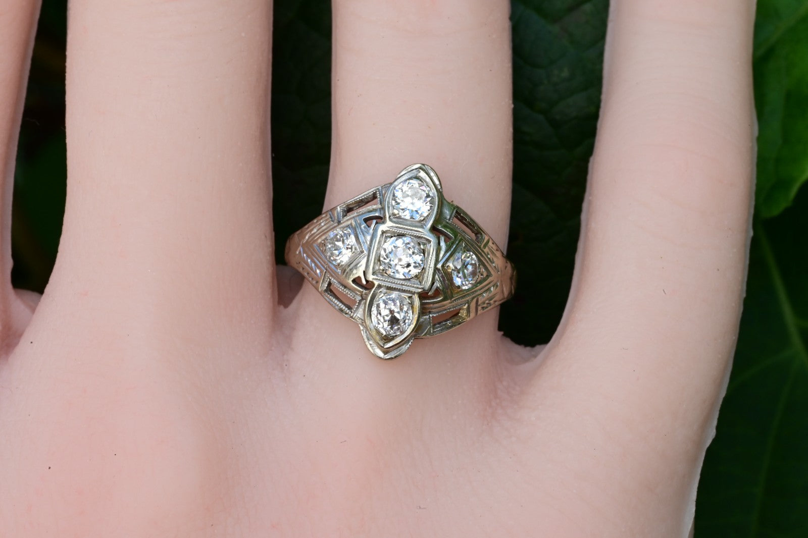 Exquisite Geometric Open Filigree Art Deco Old European Cut Diamond Cluster Ring2