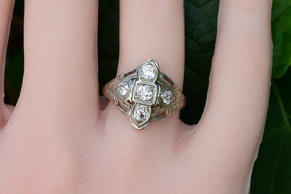 Exquisite Geometric Open Filigree Art Deco Old European Cut Diamond Cluster Ring2