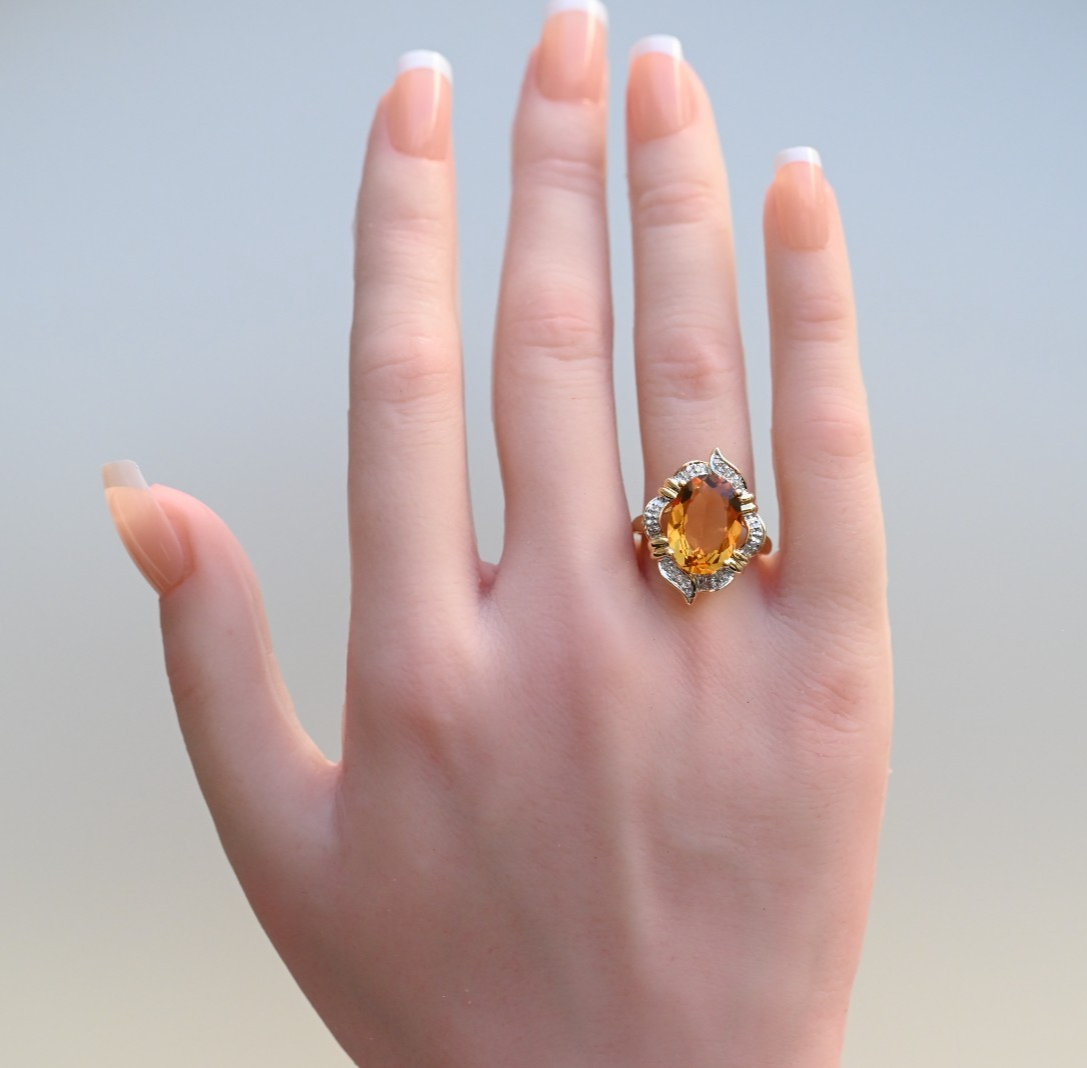 Eye-catching Vintage Faceted Citrine Cocktail Ring with Halo of Diamonds 14k YG1