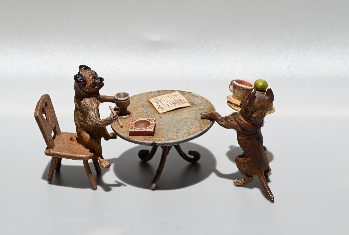 Vintage Austrian Vienna Cold Painted Bronze Figure of Pug Dogs Having Lunch4