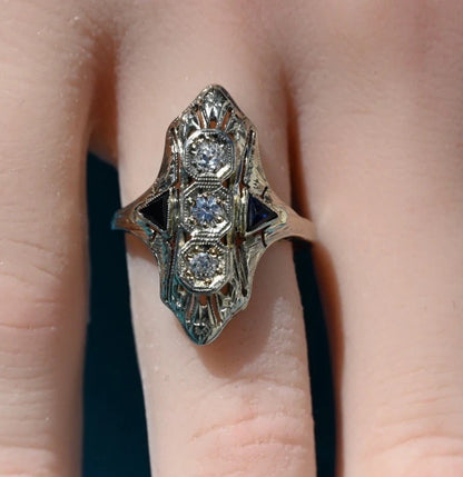 Gorgeous 18K White Gold Edwardian / Art Deco Filigree Diamond & Sapphire Ring2
