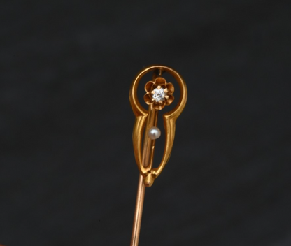 Antique 14K YG Stick Pin Ornate Head Accented with Diamond & Pearl1