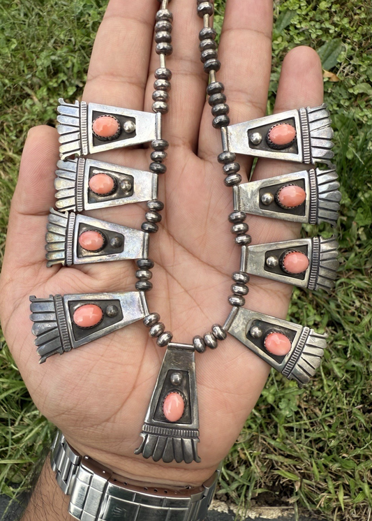 Vintage Native American Sterling Silver & Coral Statement Necklace0