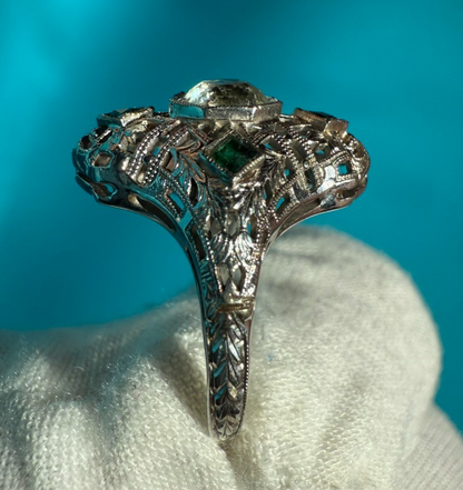 Wonderful Antique Art Deco Period 14k - 18k White Gold Ring W/ Glass Diamond1