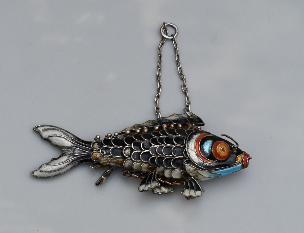 Vintage Chinese Export Silver and Cloisonné Enamel Articulated Fish Pendant5