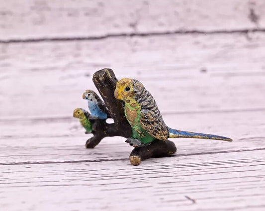 Gorgeous Antique Austrian Vienna Cold Painted Bronze Figure of Parakeet Family ￼1