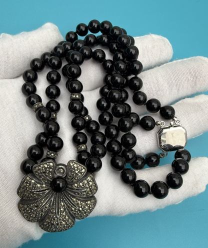 Gorgeous Double-Strand Black Onyx and Sterling Silver Marcasite Flower Necklace3
