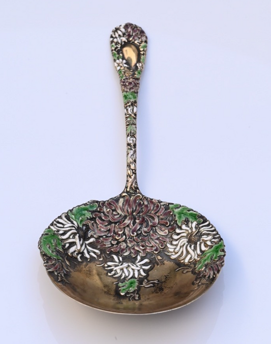 Antique William Durgin Co. Enameled Chrysanthemum Sterling Silver Serving Spoon0