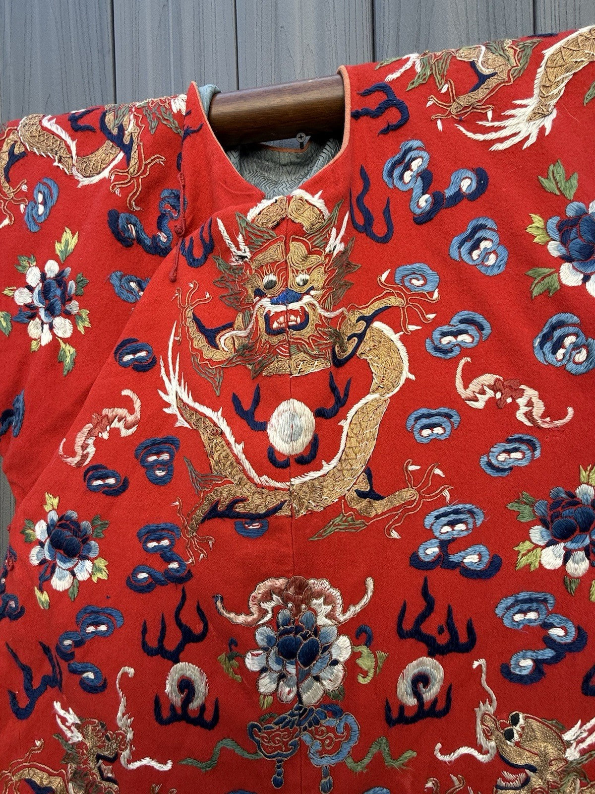 Antique Qing Dynasty Chinese Silk Embroidery Red Dragon Winter Robe3