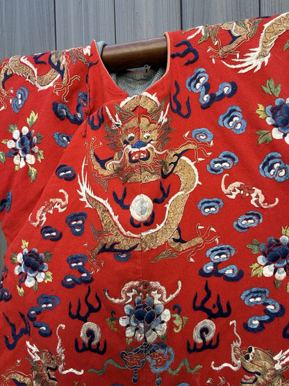 Antique Qing Dynasty Chinese Silk Embroidery Red Dragon Winter Robe3