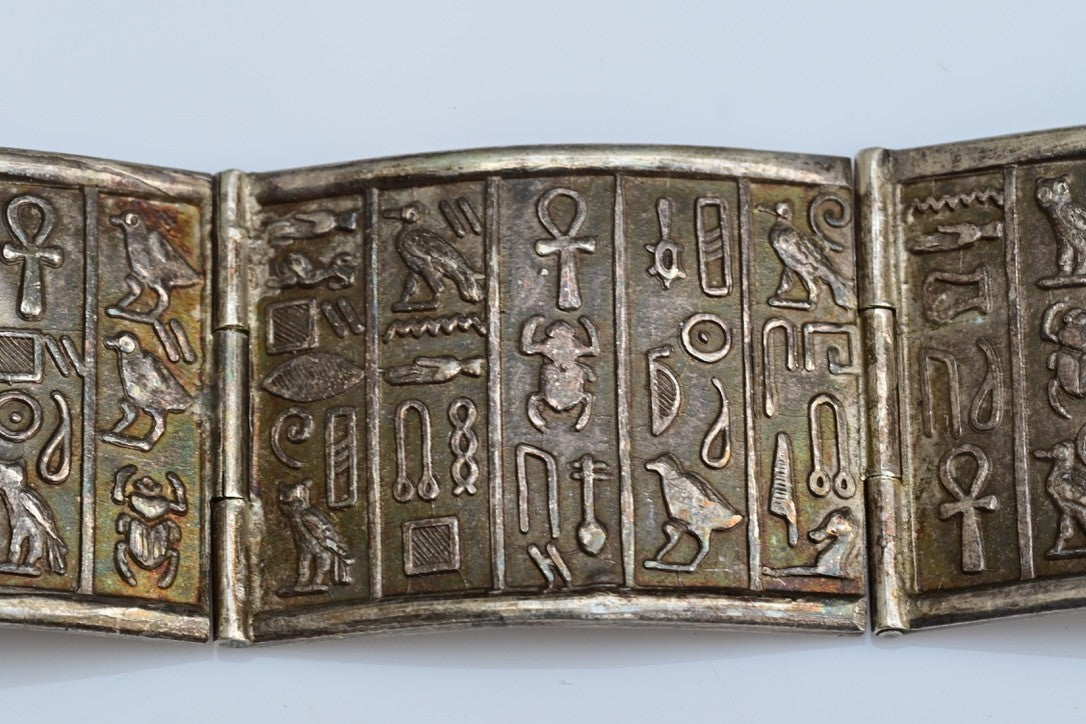 Gorgeous Egyptian Hieroglyphic Ancient style .900/1000 Silver Bracelet 7 1/2"4