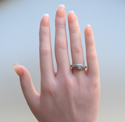 Intricate 14K White Gold Diamond Ring Geometric Hexagon Filigree Design by RLM2