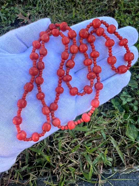 Original Antique / Early Vintage Graduated Natural Red Coral Beaded Necklace0