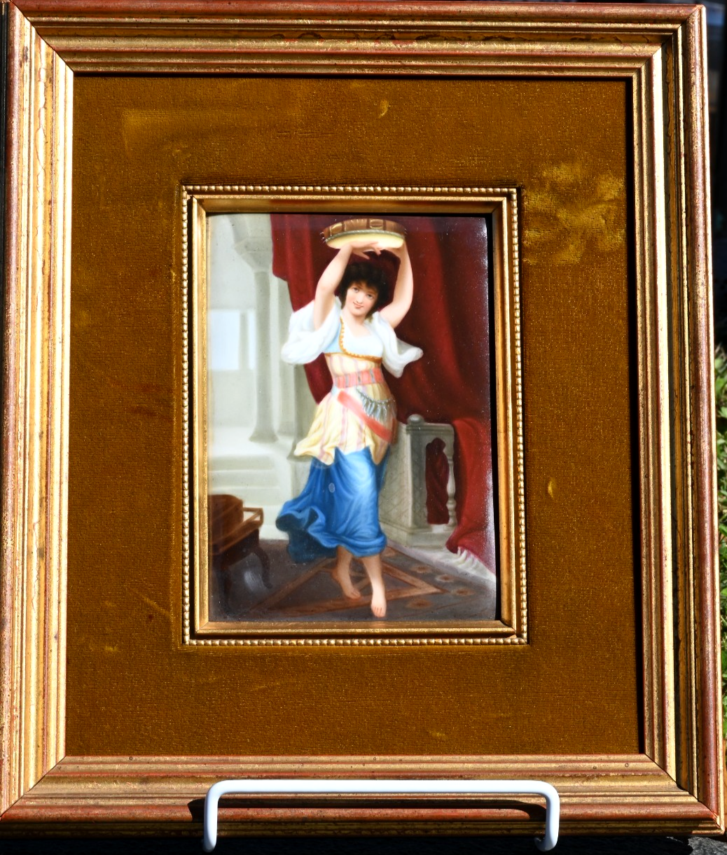 Antique Hand Painted German Porcelain Plaque of Gypsy Girl Holding a Tambourine1