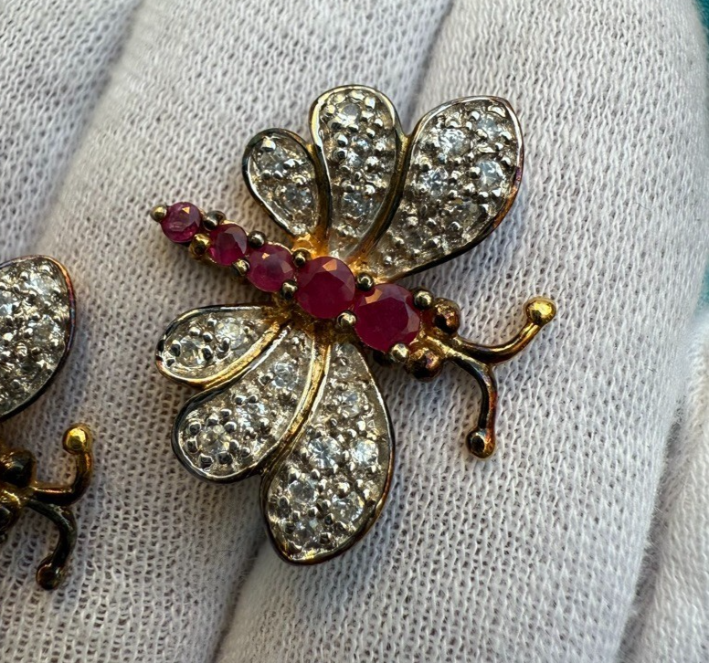 Super Beautiful Pair of Gold Gilt Sterling Silver Ruby Butterfly Brooch Pins2