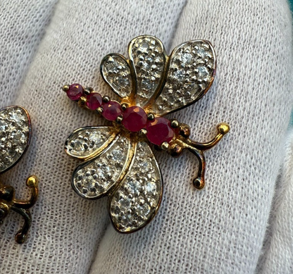 Super Beautiful Pair of Gold Gilt Sterling Silver Ruby Butterfly Brooch Pins2