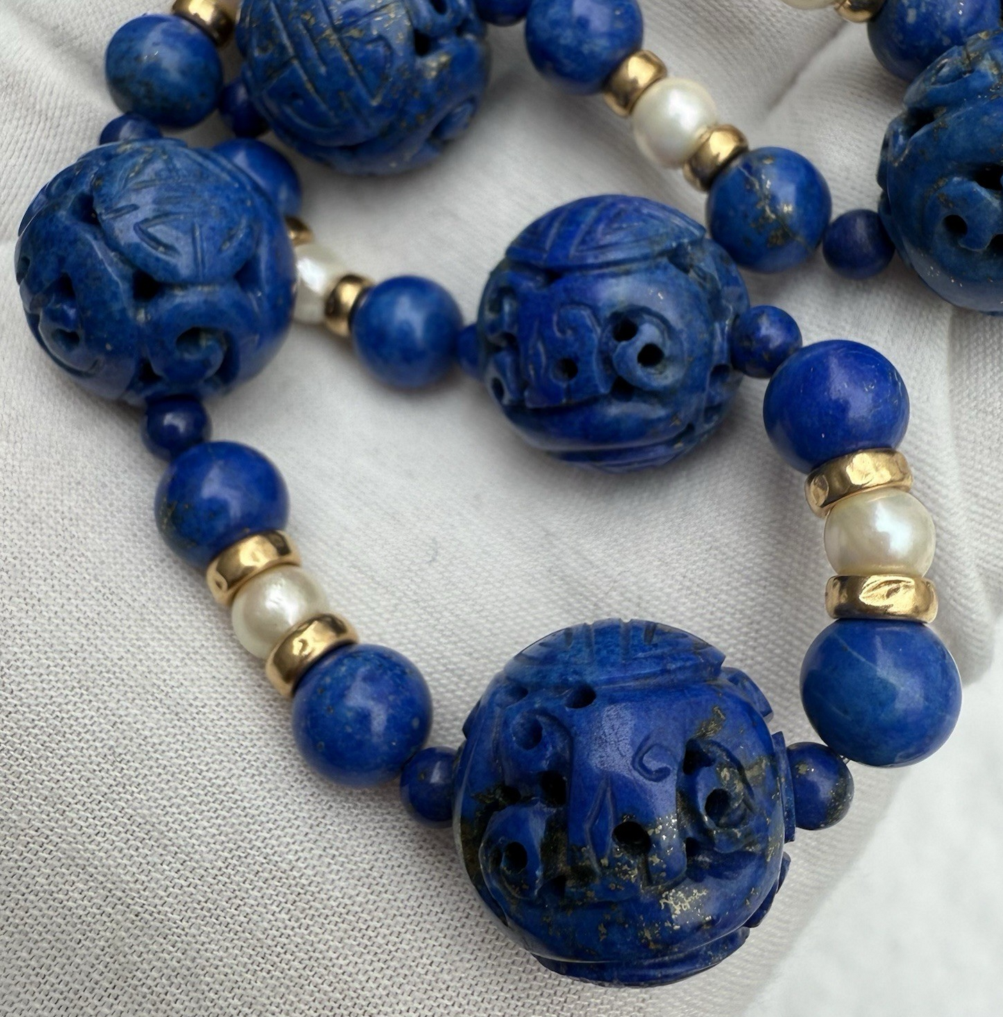 Stunning Chinese Carved Shou Royal Blue Lapiz Lazuli & 14k Beaded Necklace10