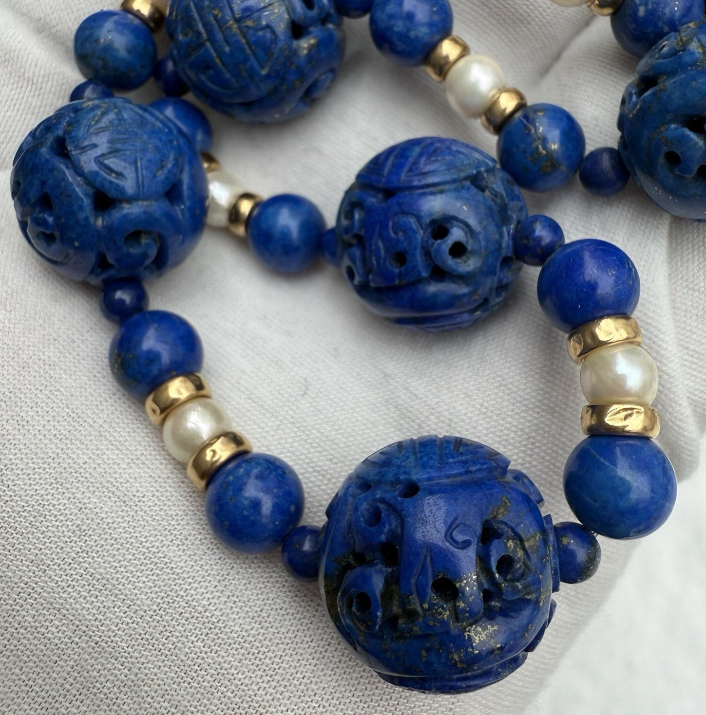 Stunning Chinese Carved Shou Royal Blue Lapiz Lazuli & 14k Beaded Necklace10