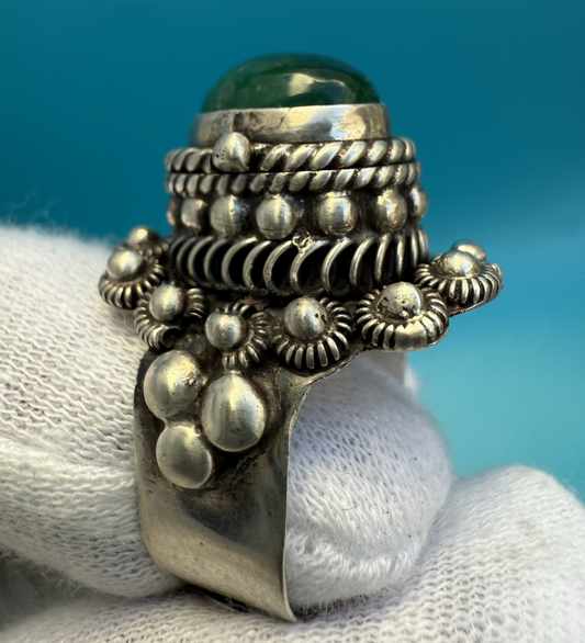 Gorgeous Vintage Taxco Sterling Silver Green Onyx Poison / Locket Ring1