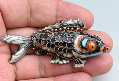 Vintage Chinese Export Silver and Cloisonné Enamel Articulated Fish Pendant0