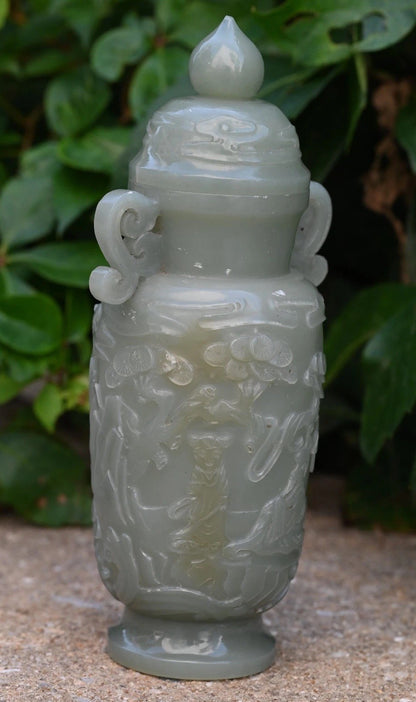 Beautiful Mid-20th C. Chinese Light Green Jade Lidded Vase With Carved People2