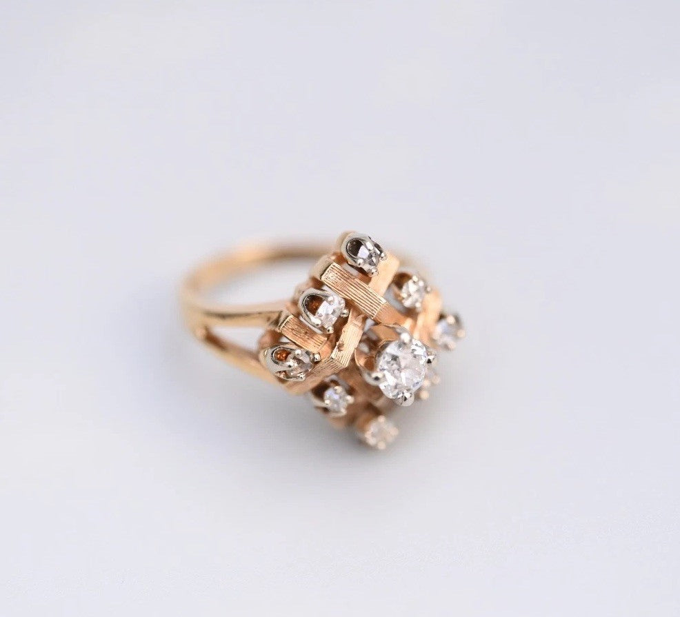 Antique Old Mine Cut Diamond Cluster 14k Yellow Gold Ring4