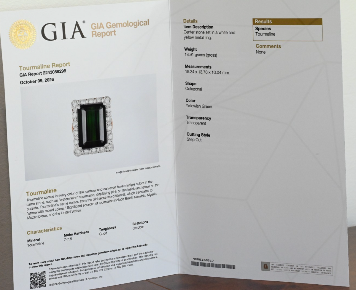 GIA Certified Yellowish Green Tourmaline & Diamond Ring in 14K Gold6