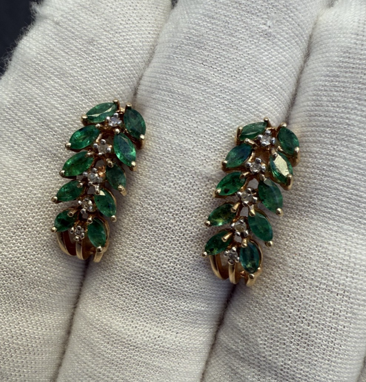 Pair of Natural Emerald Drop Earrings with Diamond Accents in 14K Yellow Gold0