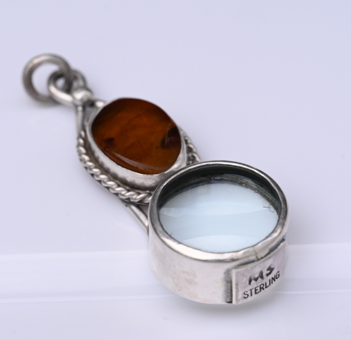 Signed MS Sterling Silver Southwest Jewelers Loupe W/ Honey Amber Like Stone1