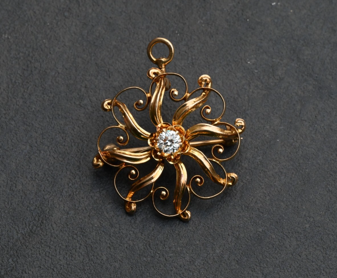 Lovely Antique Victorian-era 14K Starburst Brooch & Pendant w/ Mine Cut Diamond0