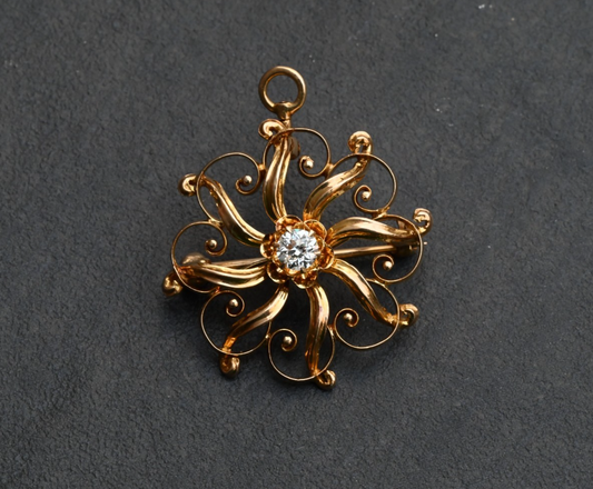 Lovely Antique Victorian-era 14K Starburst Brooch & Pendant w/ Mine Cut Diamond0