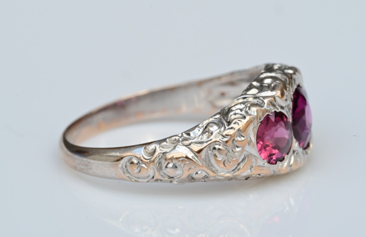 Art Deco Gypsy Ring in 10K White Gold Purplish Pink Rhodolite Garnets IGI Cert4